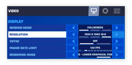 Resolution tab of Fortnite