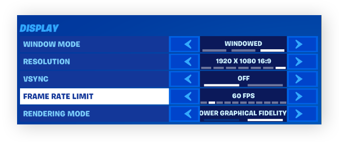 Frame rate limit tab of fortnite